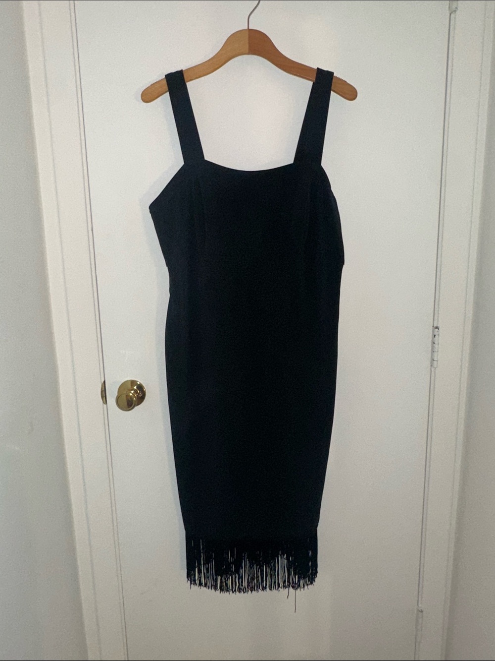 Onyx Nite Black Fringe-Hem Square Neck Midi Dress